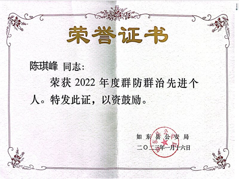 群防群治先进个人证书